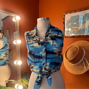 Vintage Cropped Teal Tiki Shirt